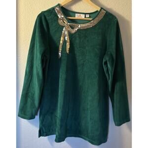 Quacker Factory Sz M Green Stretch Velvet Gold Sequin Bow Shirt Tunic Blouse Top